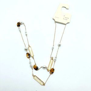 A New Day Necklace Long Beaded Faux Pearl Tortoise Shell Gold Tone